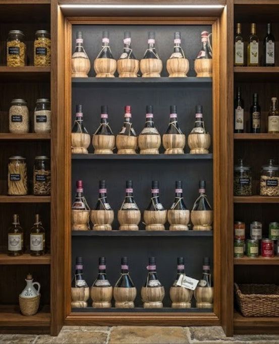 Tuscan Chianti Bottles in Straw Fiaschi Wall Mural for pantry