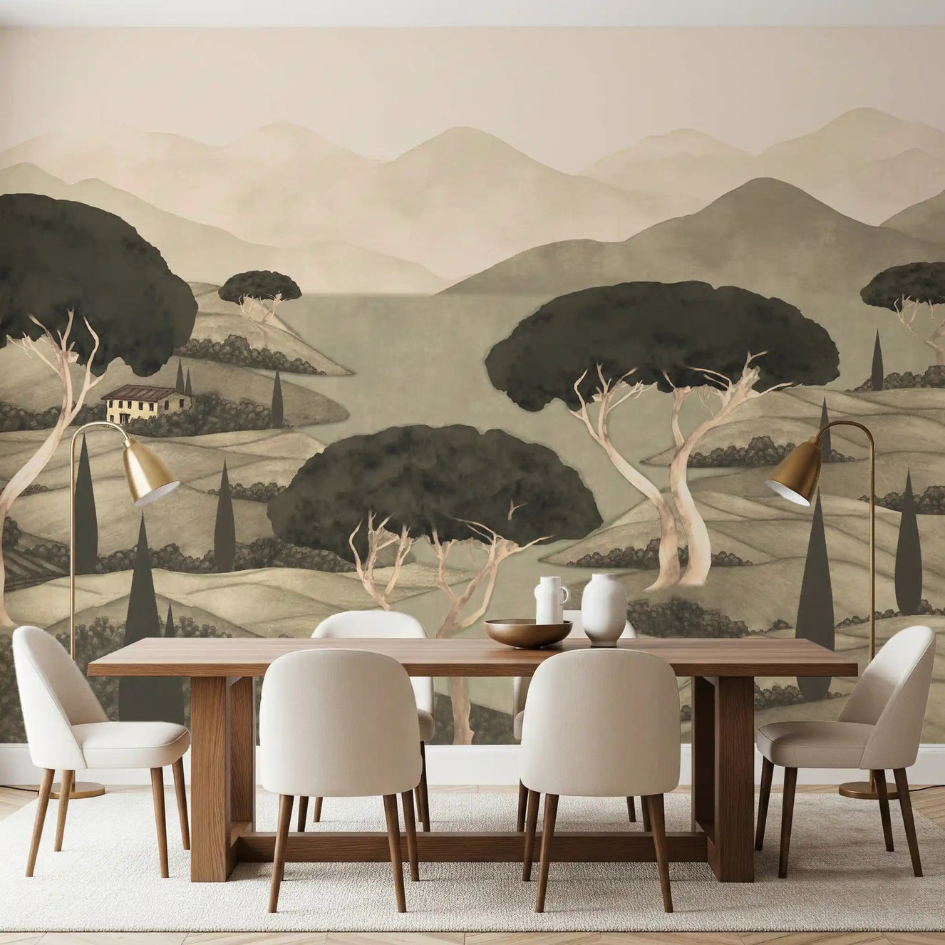Sepia toned Tuscan Hillside Vista Wall Mural featuring rustic villa for dining room 