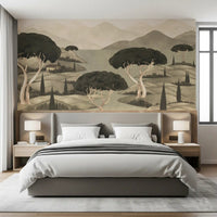 Earthy Tuscan Hillside Vista Wall Mural with soft mountain landscape
