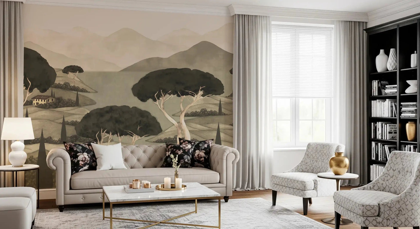 Modern hallway Tuscan Hillside Vista Wall Mural in earthy watercolor tones