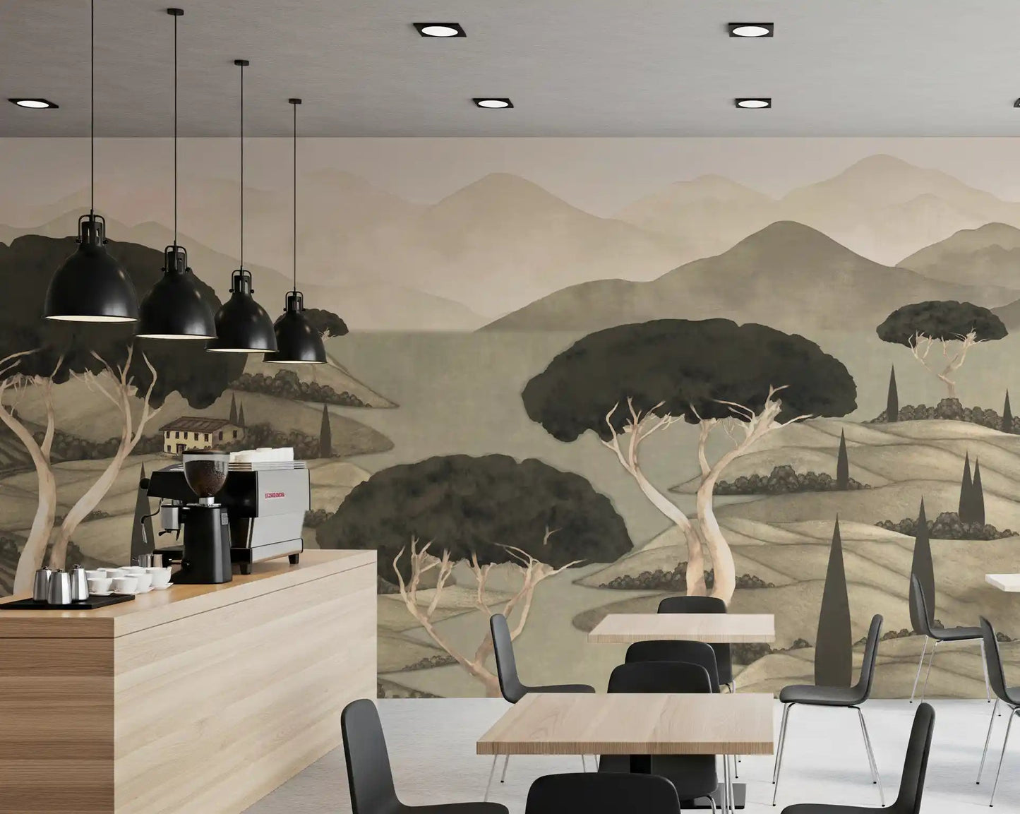 Muted color Tuscan Hillside Vista Wall Mural featuring rolling terrain