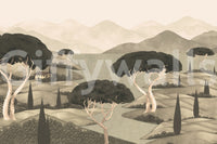 Calm Tuscan Hillside Vista Wall Mural with cream and beige tones