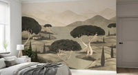 Tuscan Hillside Vista Wall Mural with olive green trees and tan mountains