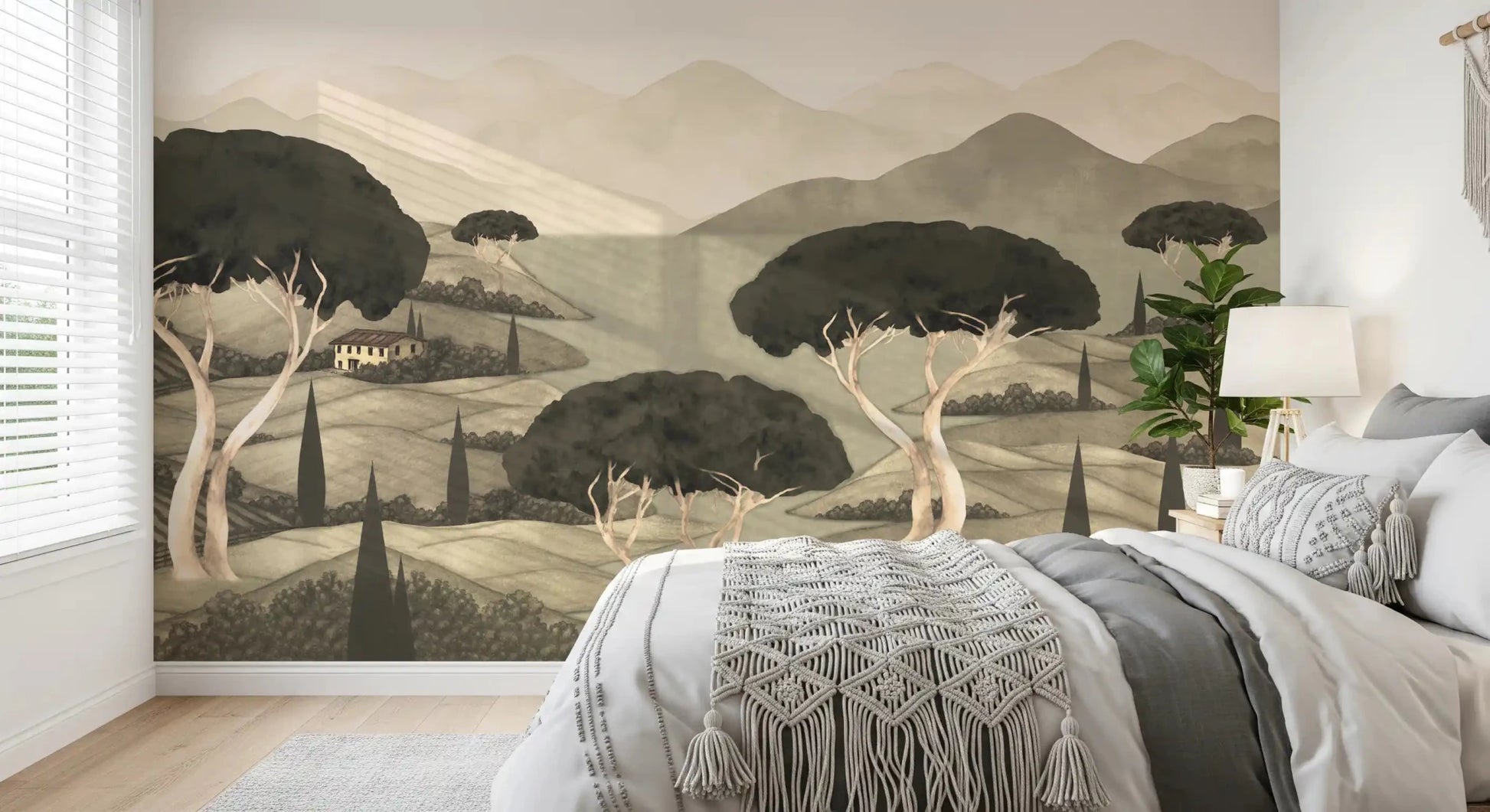 Tuscan Hillside Vista bedroom Wall Mural with cypress trees and rolling hills