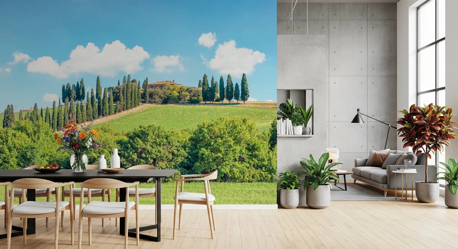 Italian countryside wall mural behind sofa