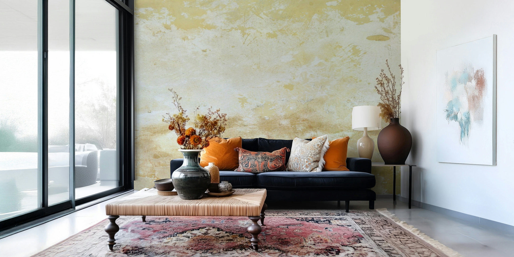 Rustic wall covering, buttery yellow hues, sophisticated subtle surface pattern.