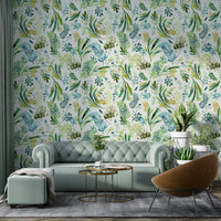 Botanical wallpaper featuring olive branches in gentle green hues.

