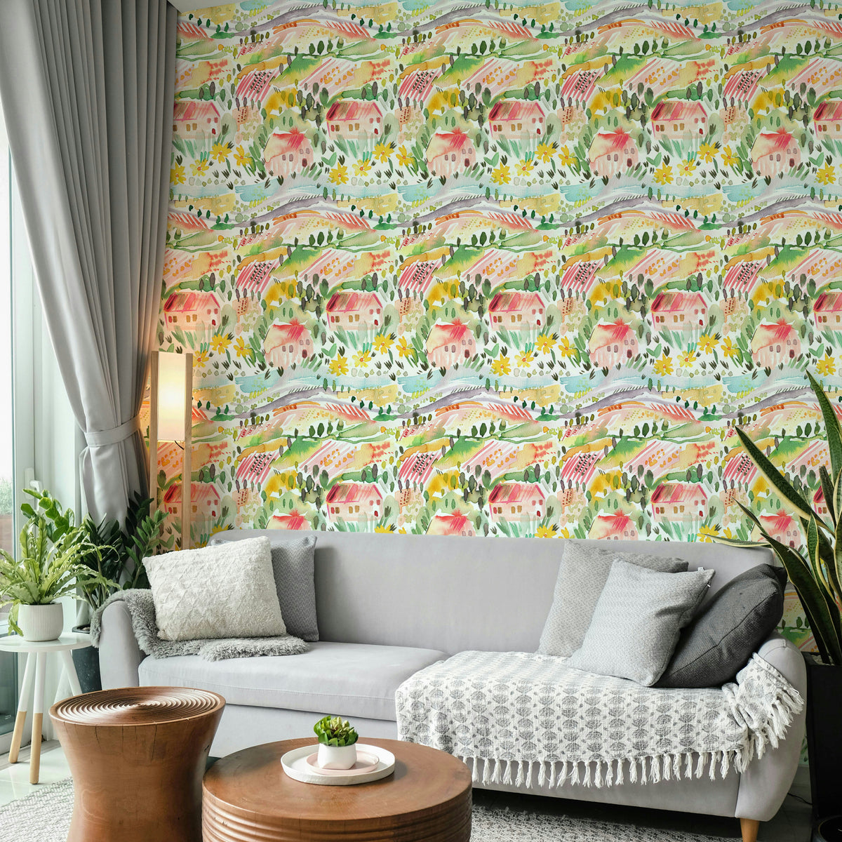 Warm-toned watercolor Tuscany landscape wallpaper

