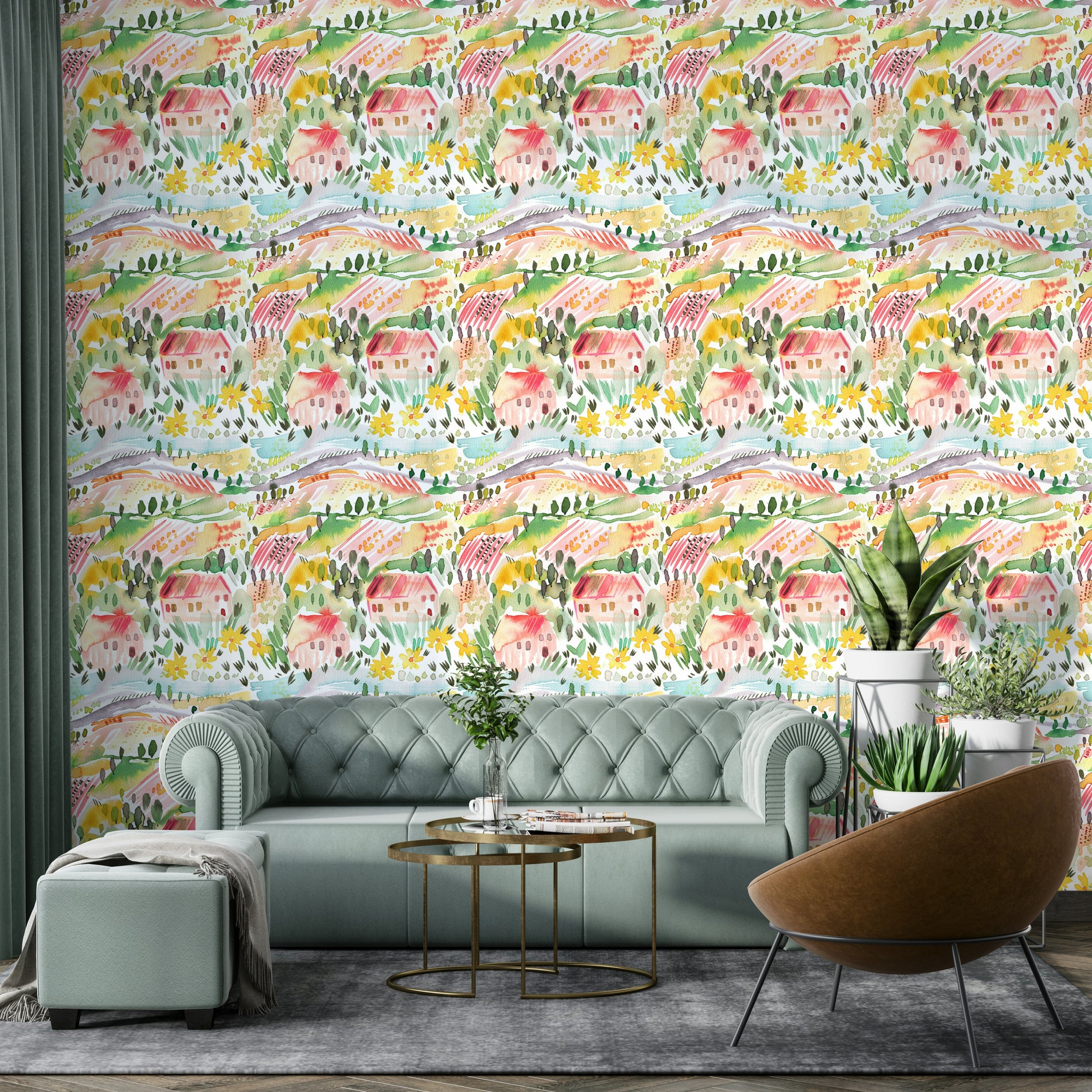 Rolling hills of Tuscany wallpaper with watercolor effect

