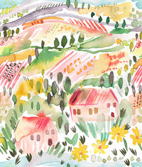Landscape Tuscany Watercolor wallpaper shown as a full-wall mural of rolling hills with pink-roofed houses and cypress trees