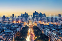 Panoramic urban avenue mural with skyscrapers, Twilight Metropolis art.