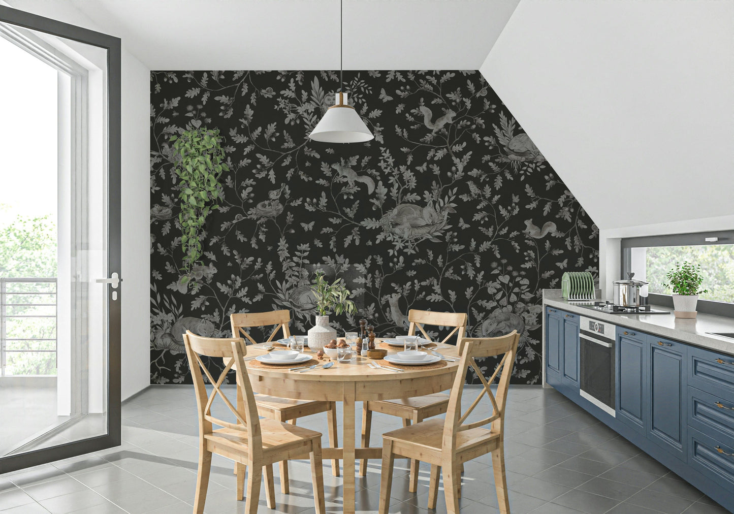 Wall mural with soft gradients of blue and violet recreating the beauty of evening woods.