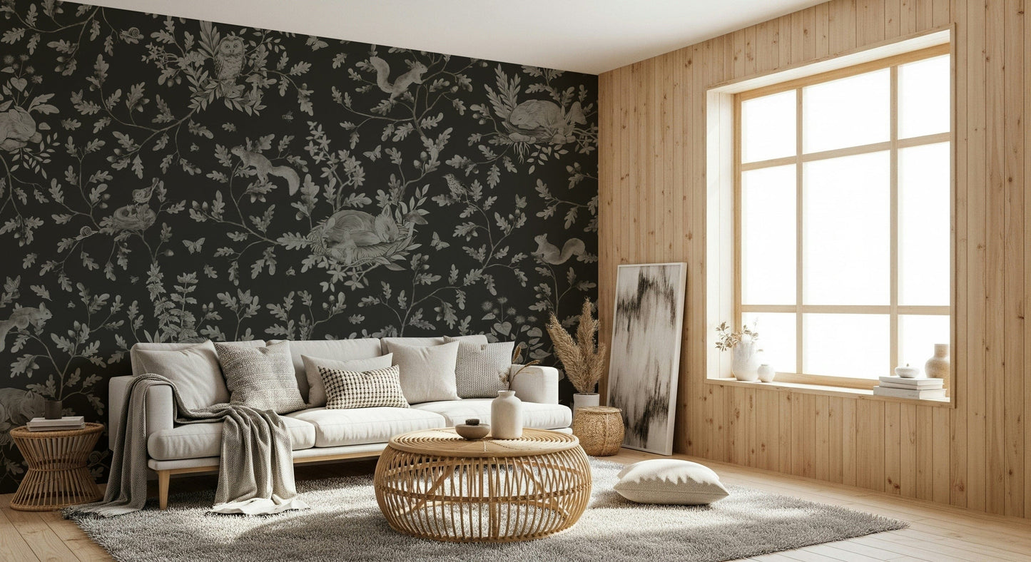 Mystical forest mural with deep twilight hues for a calming, ethereal room design.