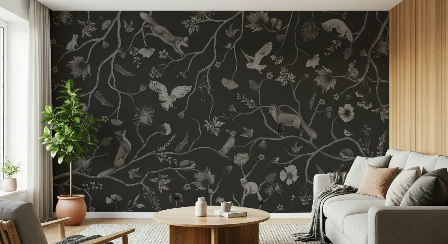 Lush forest mural capturing a peaceful grove during dusk