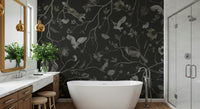 Nature-inspired mural of trees and foliage bathed in twilight hues
