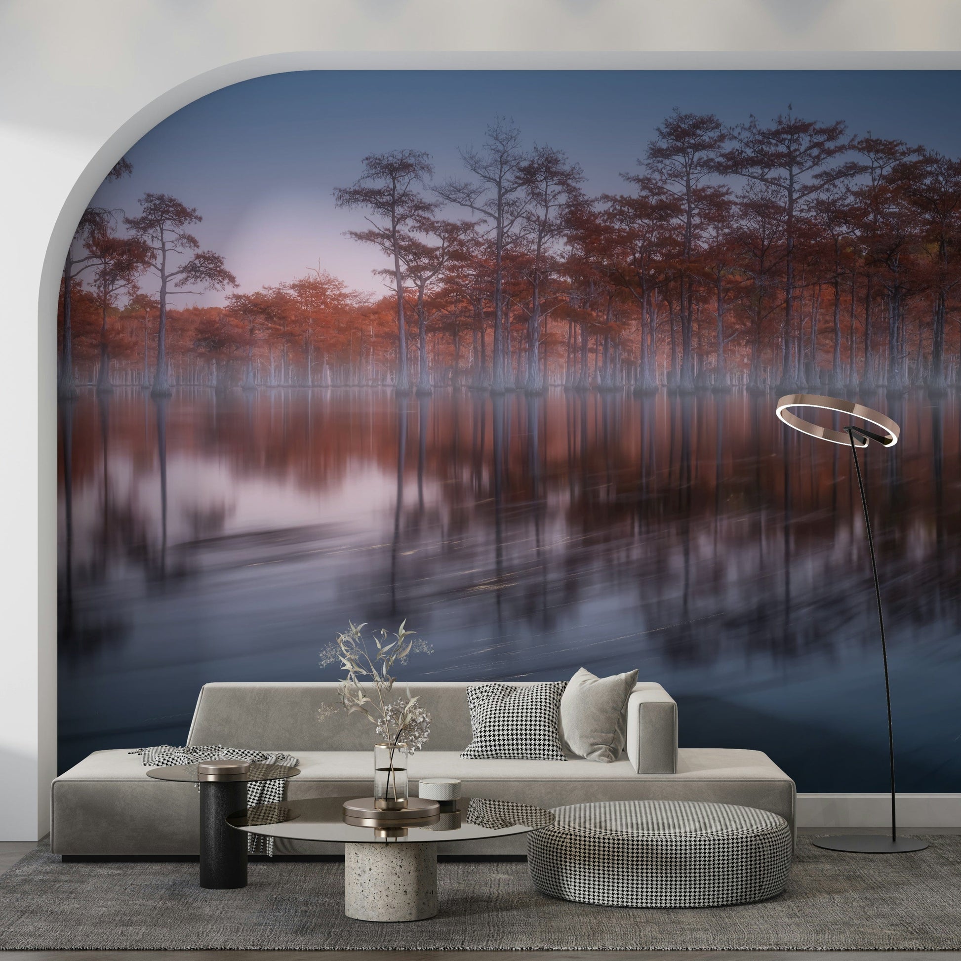 Calm waters reflecting tall trees in Woodland Twilight Lagoon wallpaper print.