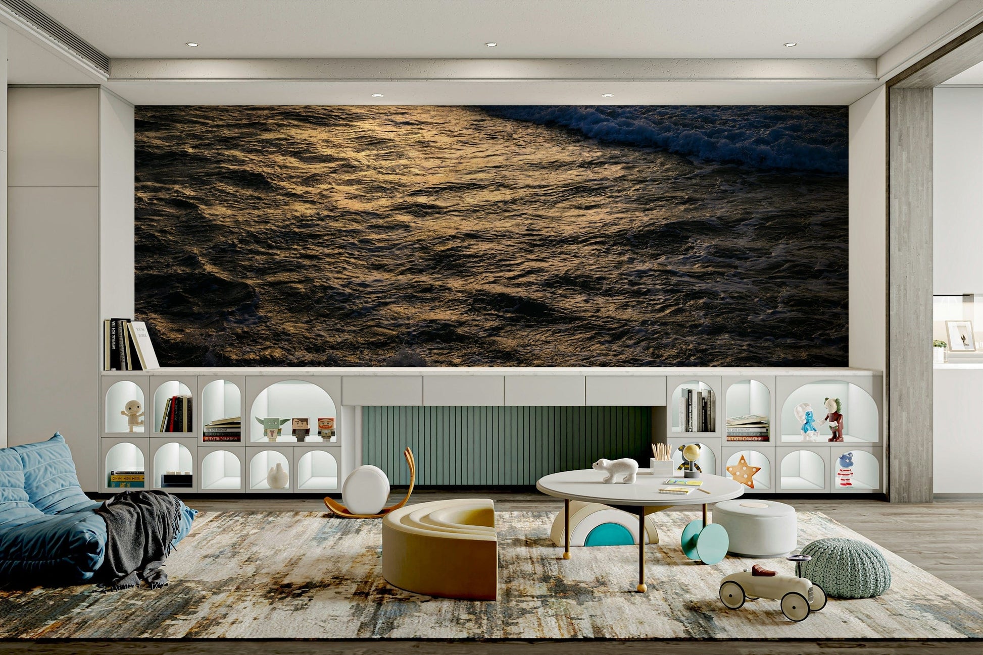 A high-angle view of the wall mural with natural light.

