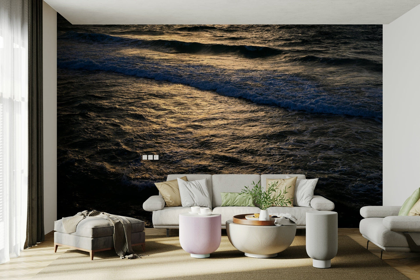 A close-up of the ocean water hitting the rugged rocks.

