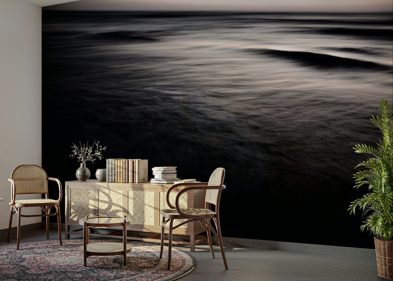 A graceful subtle gradient wall mural in cool, dark tones.

