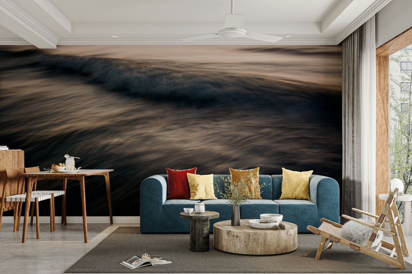 An artistic abstract dusk mural on minimalist wallpaper.

