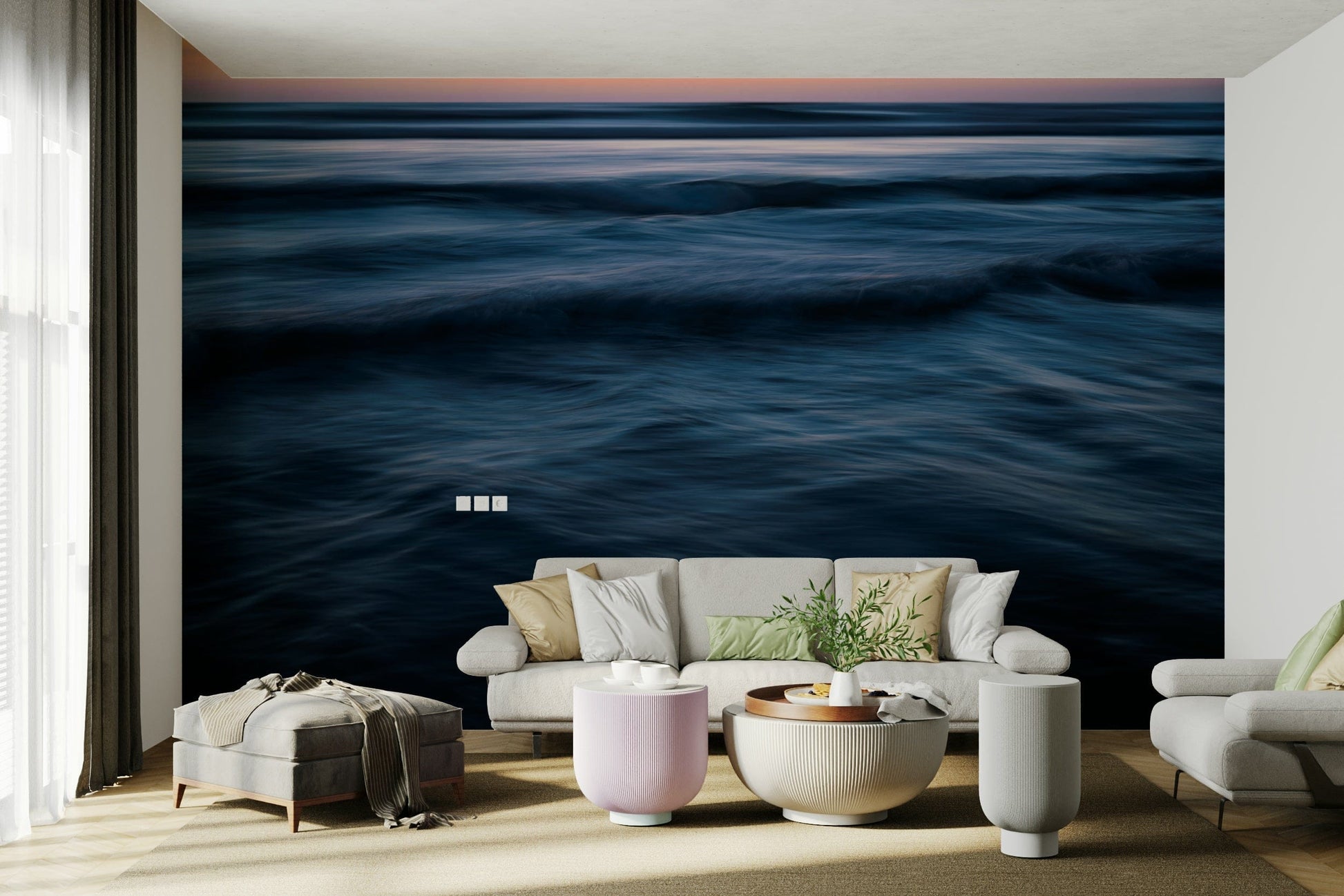 A minimalist home office with the abstract wave wallpaper.

