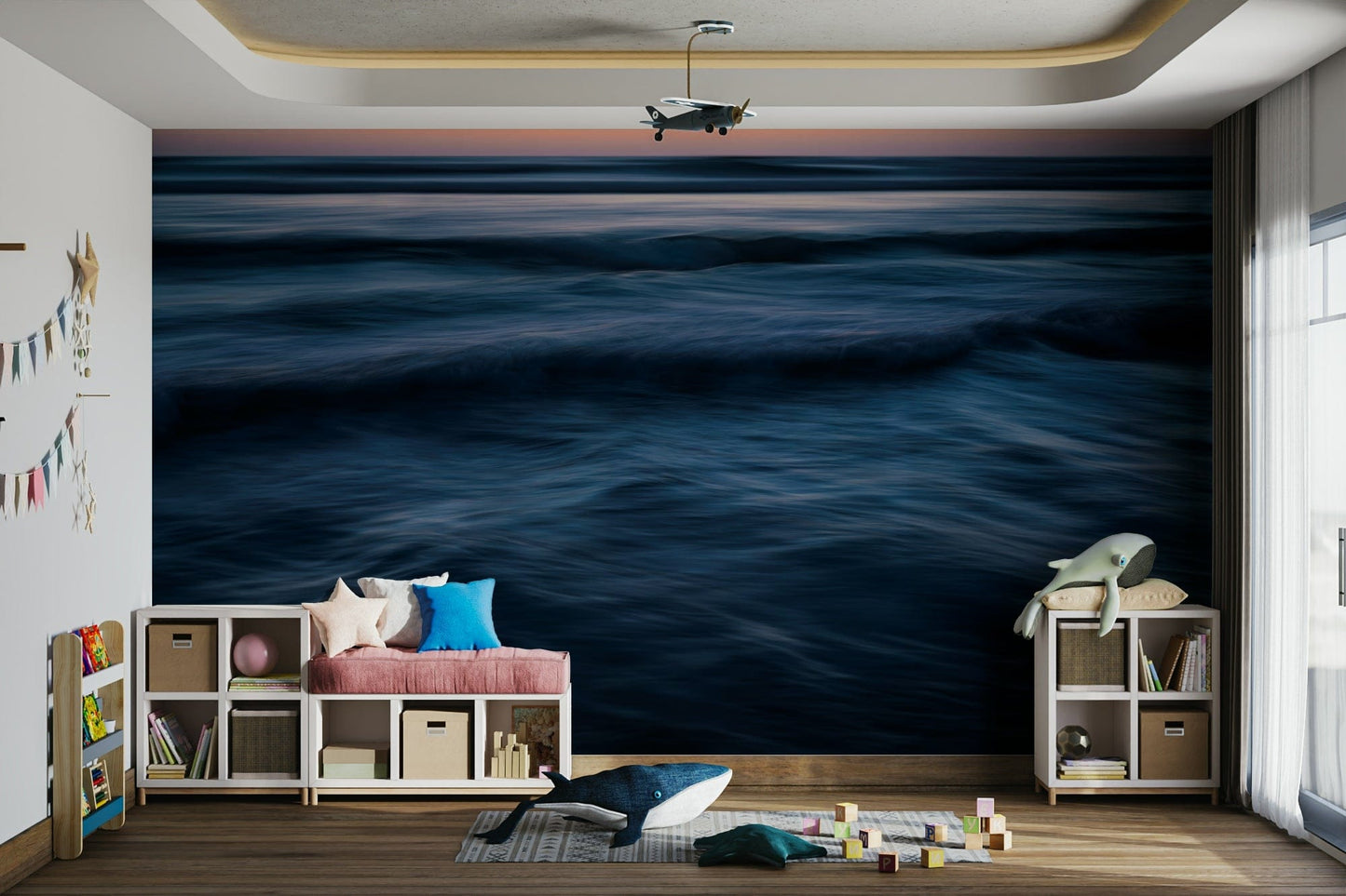 An angled shot of the mural's gentle color palette.

