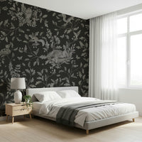 Twilight Woods Wall Mural featuring a dusky forest bathed in soft purple and blue light.