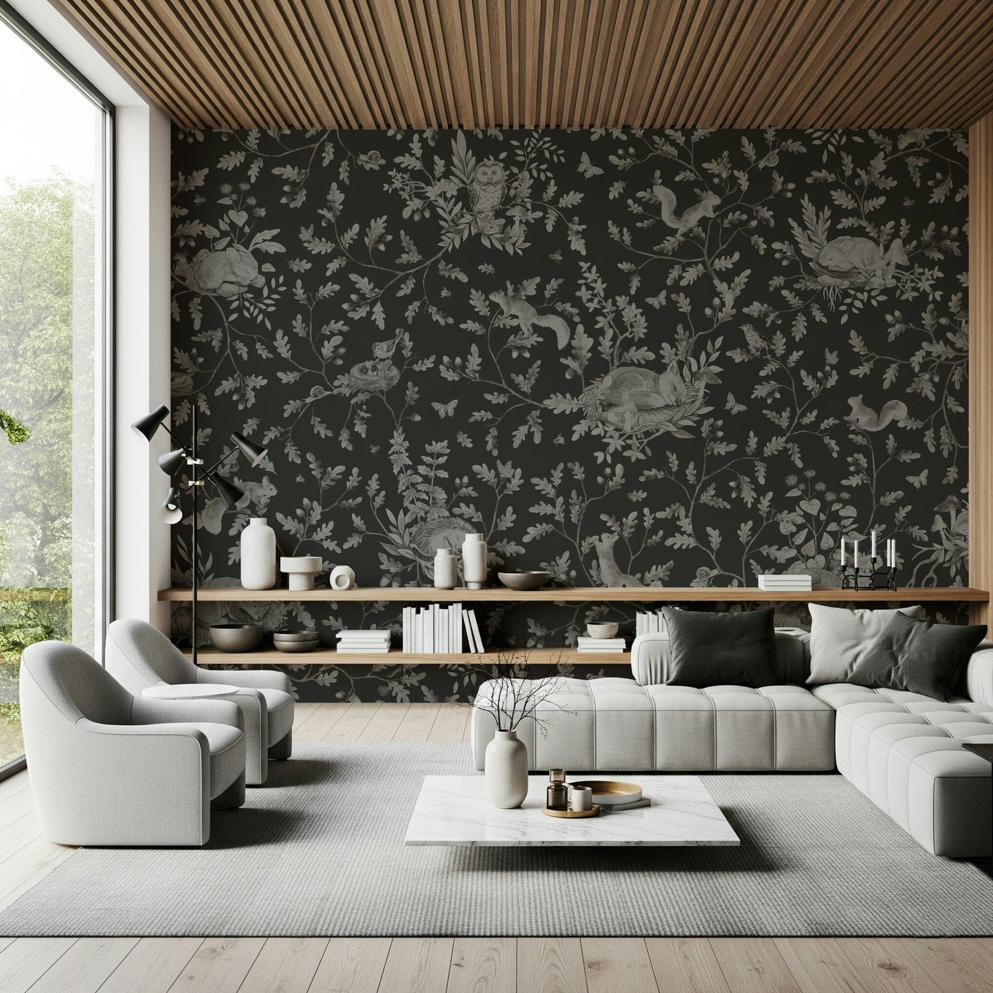Atmospheric wall mural depicting a forest at dusk with gentle, moody tones.