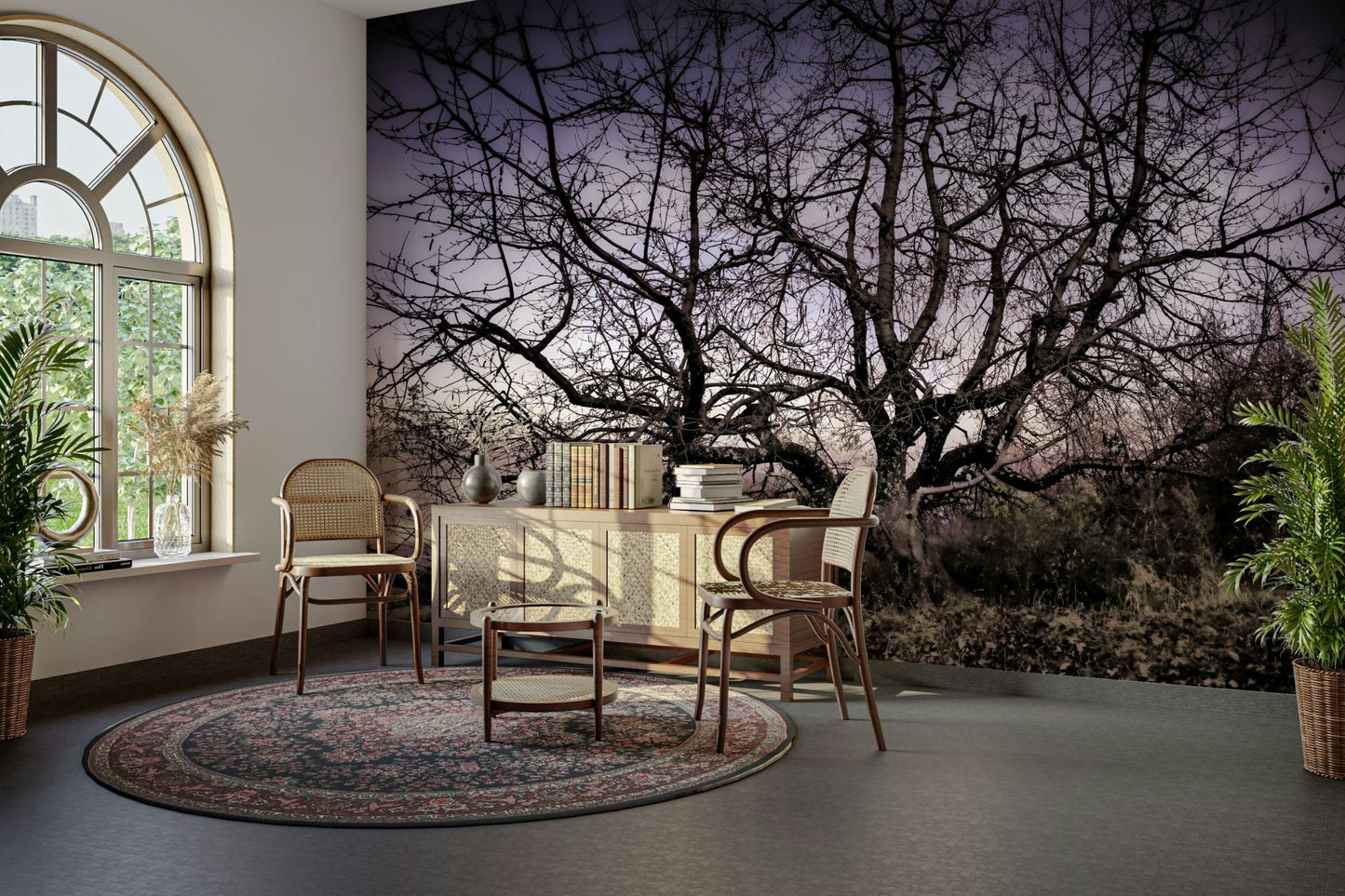 The wall mural is installed in a modern, minimalist living room.

