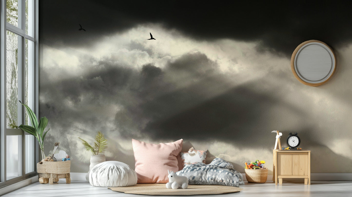 A calming space defining wallpaper mural that extends across walls.

