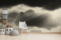 A peaceful large-format mural on decorative wallpaper.

