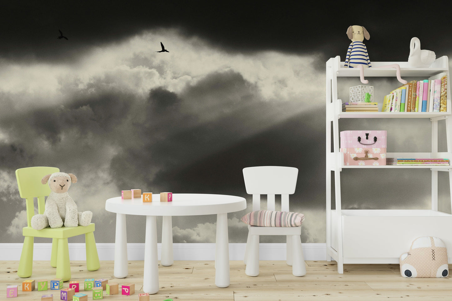 An artistic seamless two-wall mural on minimalist wallpaper.

