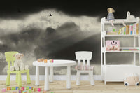 An artistic seamless two-wall mural on minimalist wallpaper.

