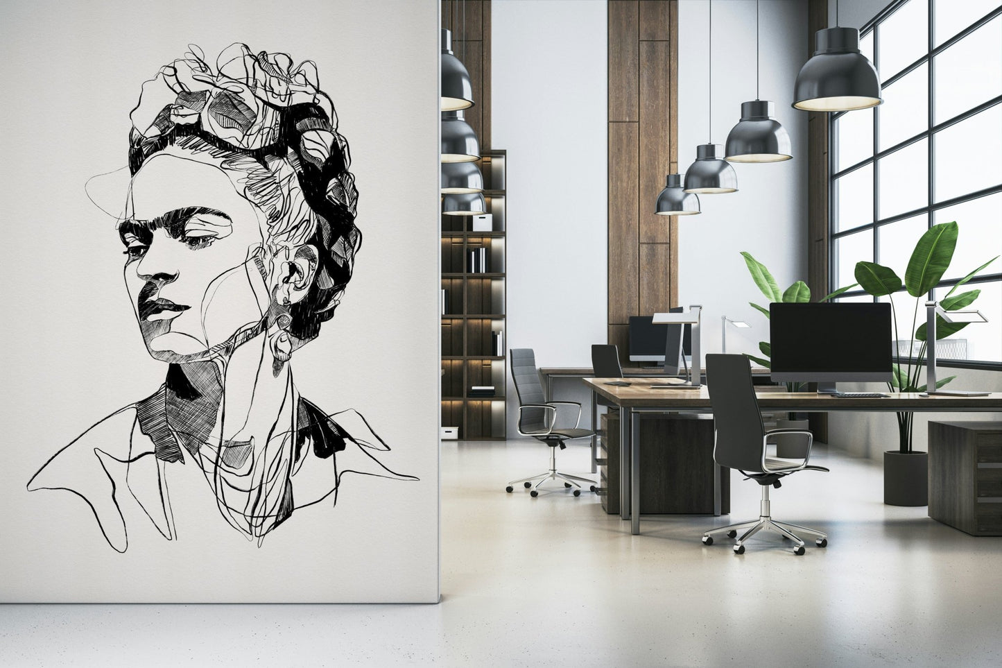 Unbroken wallpaper mural of a sketched female face on cream in an open-plan office with desks and chairs