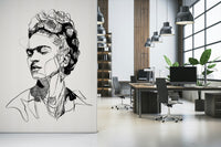 Unbroken wallpaper mural of a sketched female face on cream in an open-plan office with desks and chairs
