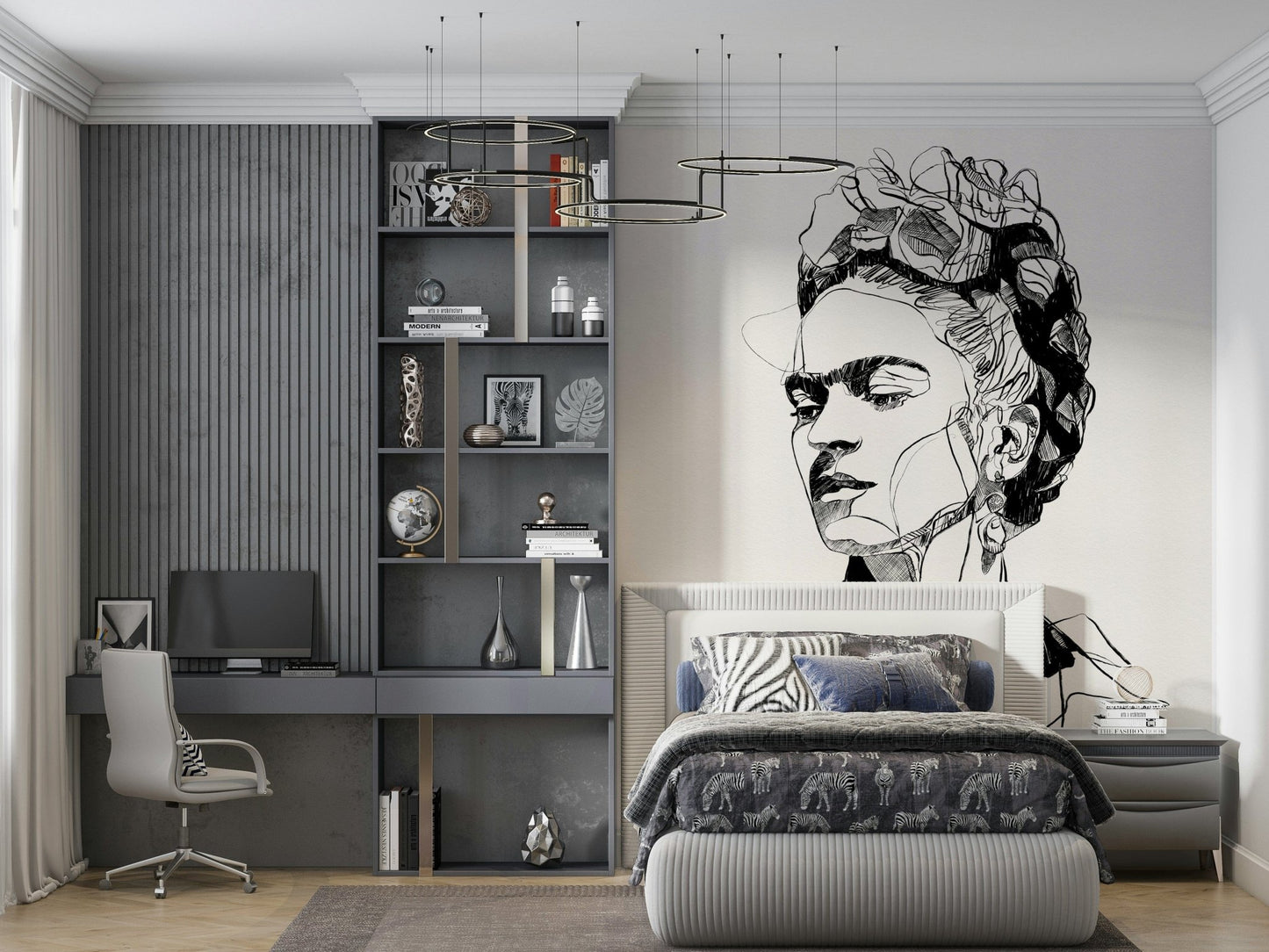 Unbroken wallpaper mural of a sketched female face beside a gray bed with zebra bedding and shelving