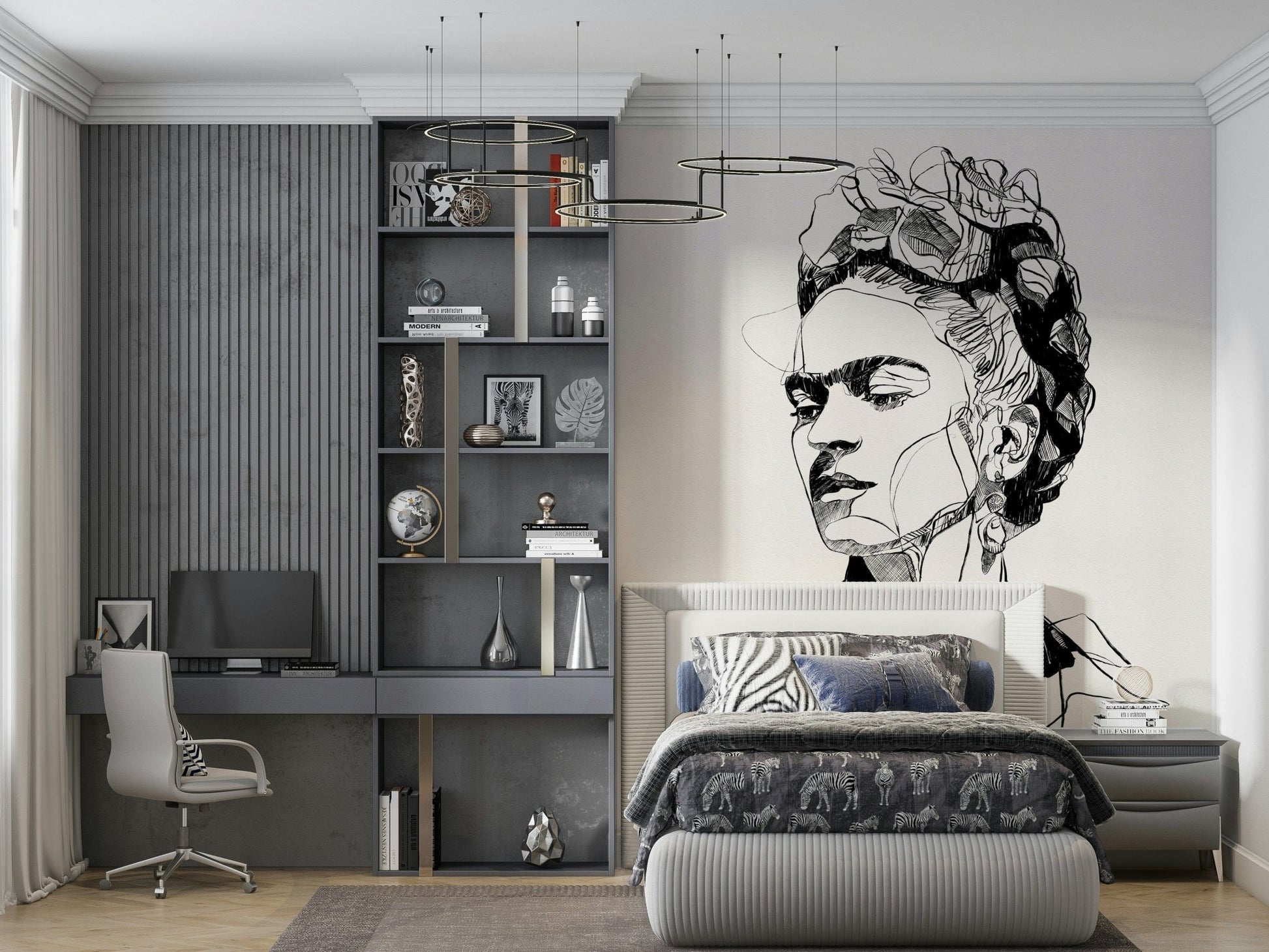 Unbroken wallpaper mural of a sketched female face beside a gray bed with zebra bedding and shelving