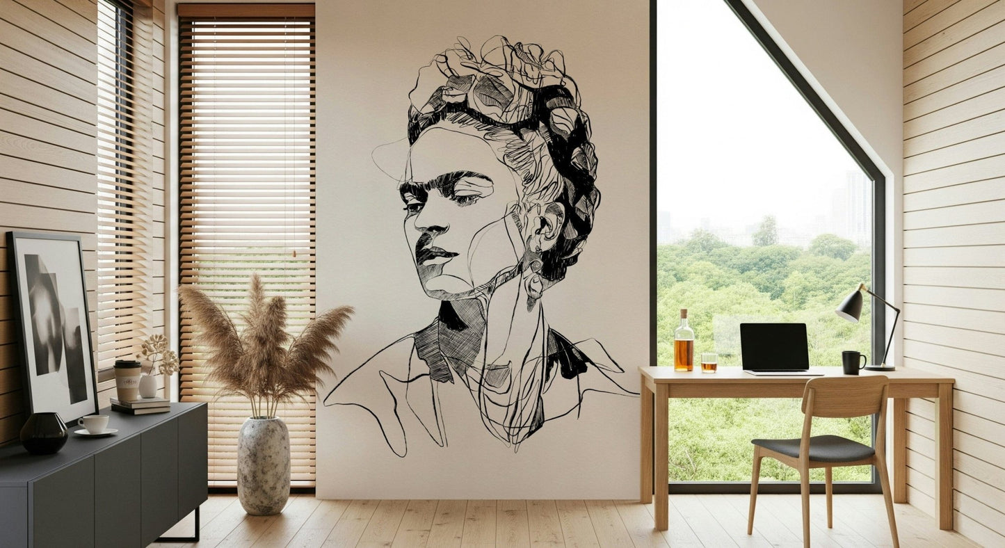 Unbroken wallpaper mural with a sketched portrait beside a wood desk and laptop in a home office
