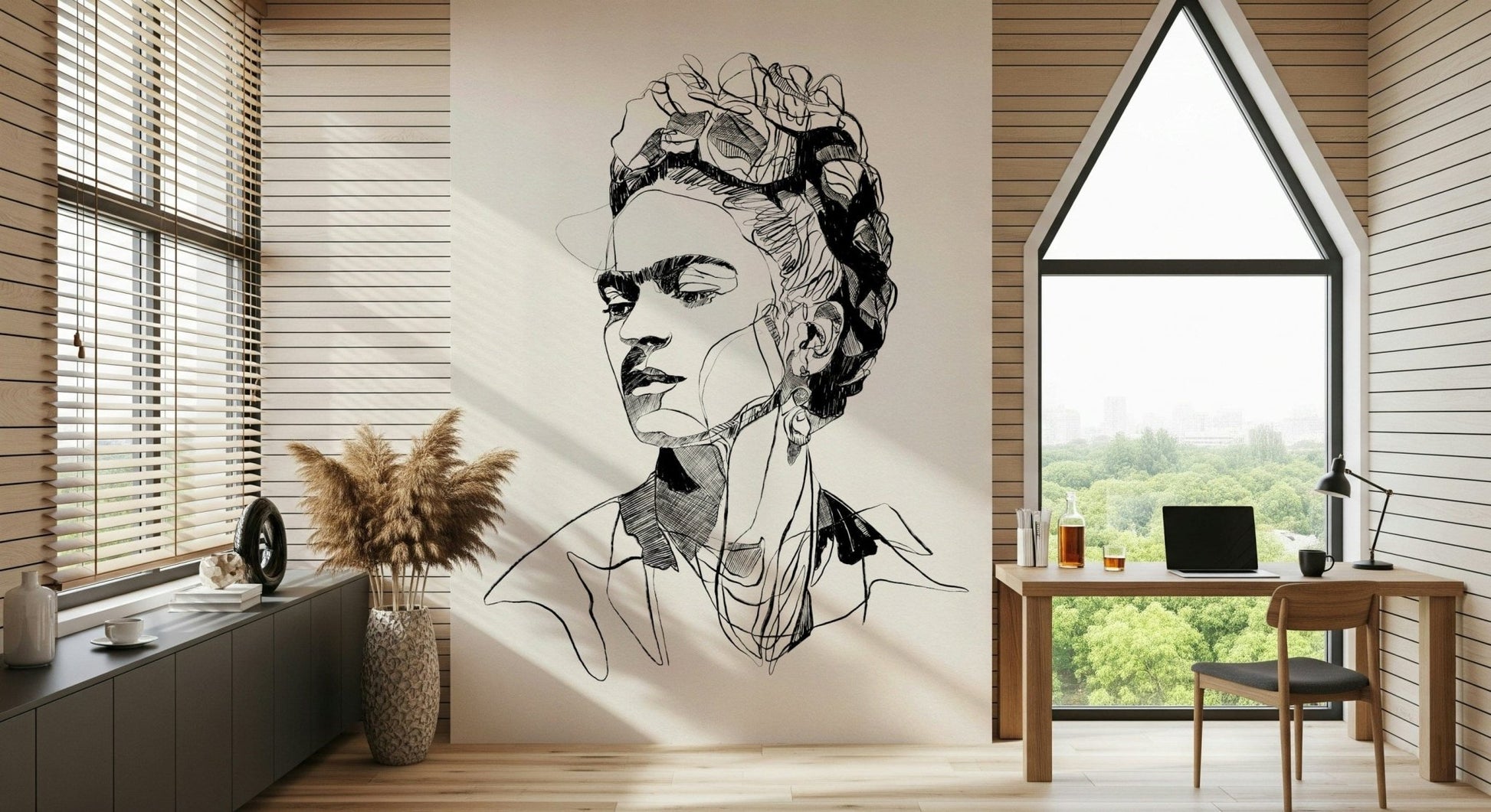 Unbroken wallpaper mural of a black ink portrait beside a wood desk and arched window in a home office