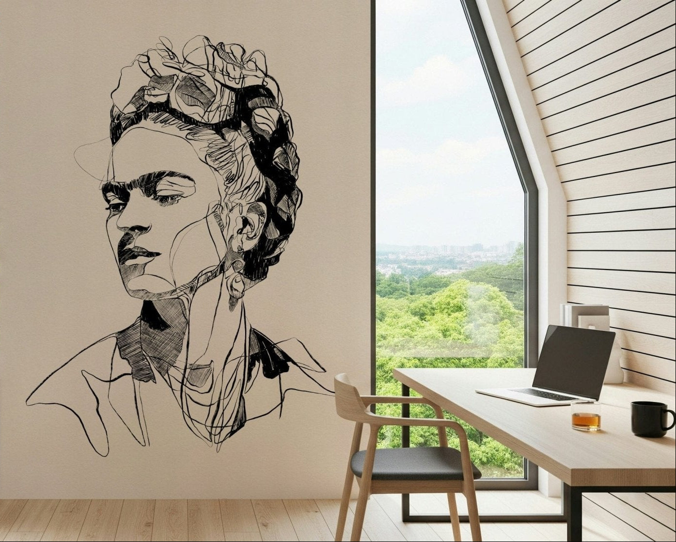 Unbroken wallpaper mural with a black line-art portrait of a woman beside a wood desk in a home office