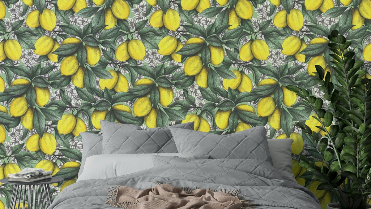Lush green leaves surround the bright lemon design

