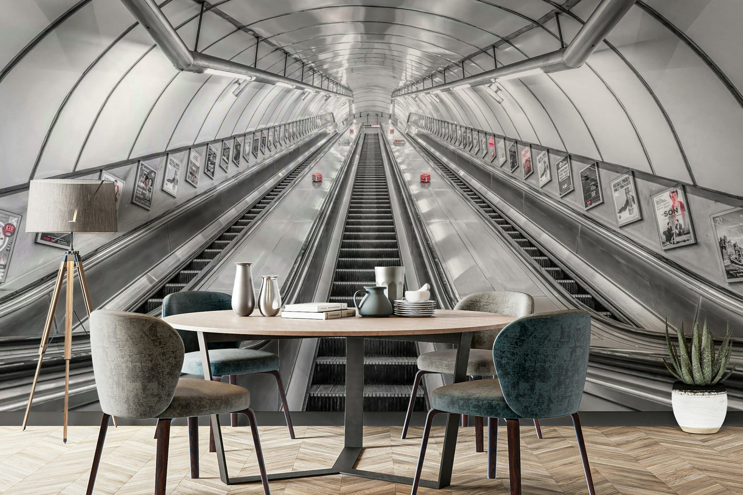 The mural gives a feeling of being in a cave or tunnel.

