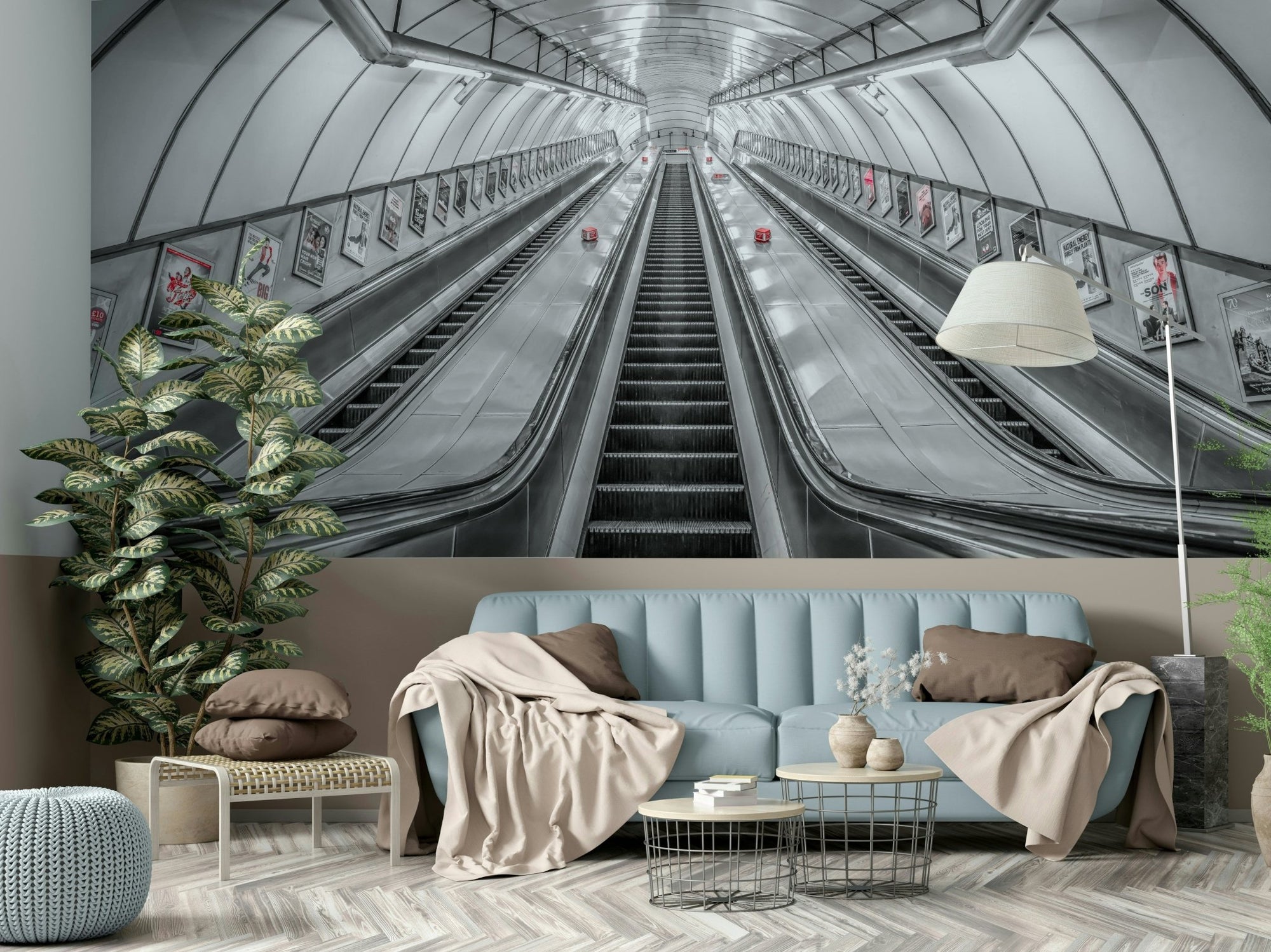 A wall mural of a path ascending from underground.

