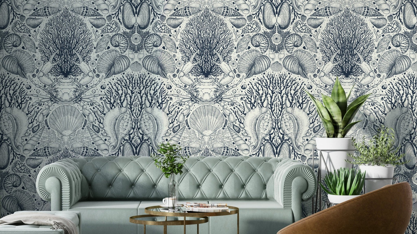 Undersea Treasures Wallpaper with ocean botanicals

