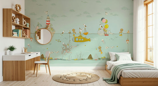 Underwater Whimsy wallpaper mural with a yellow submarine in a kids room with a wooden desk and mirror