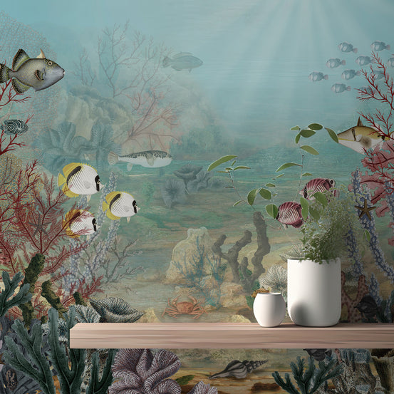 Underwater Corel reef wallpaper with tropical fish and red coral behind a wood shelf holding white vases