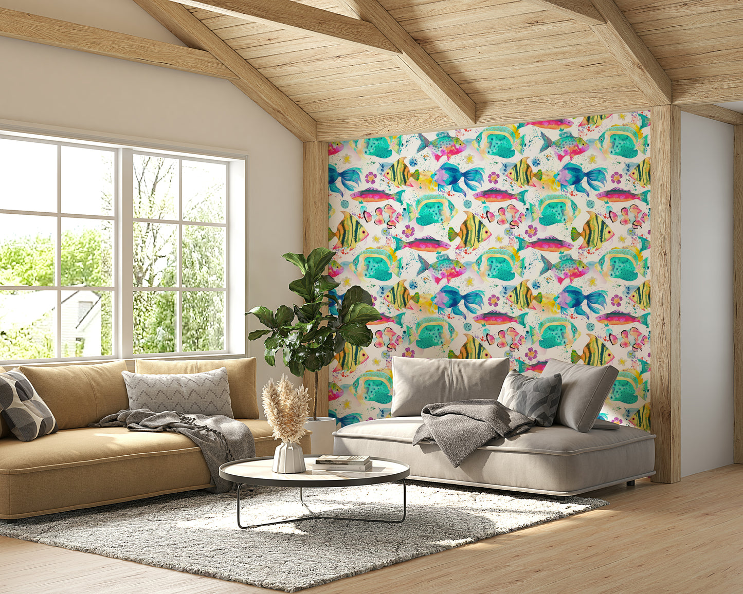 Fun and vibrant fish wallpaper perfect for kids' or beach-themed rooms.

