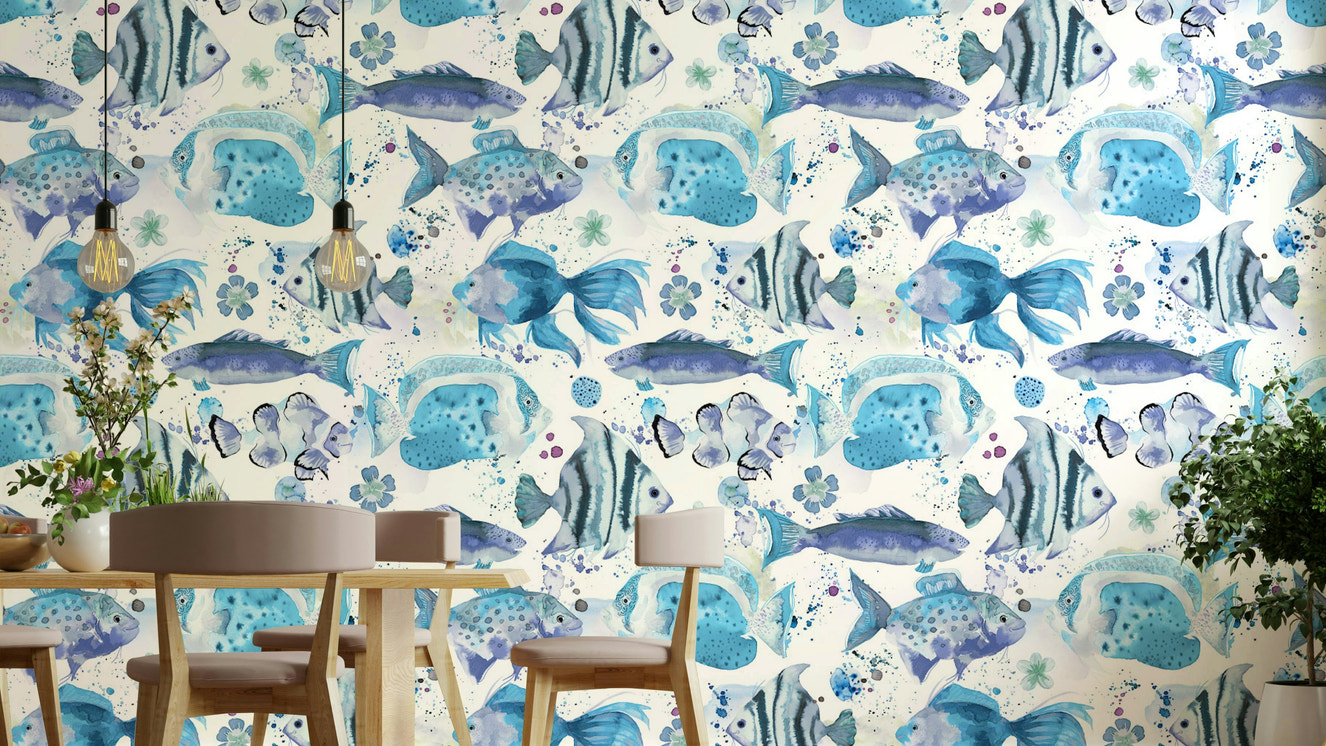 Underwater Fishes Ocean Blue Wallpaper with tropical fish and coral.

