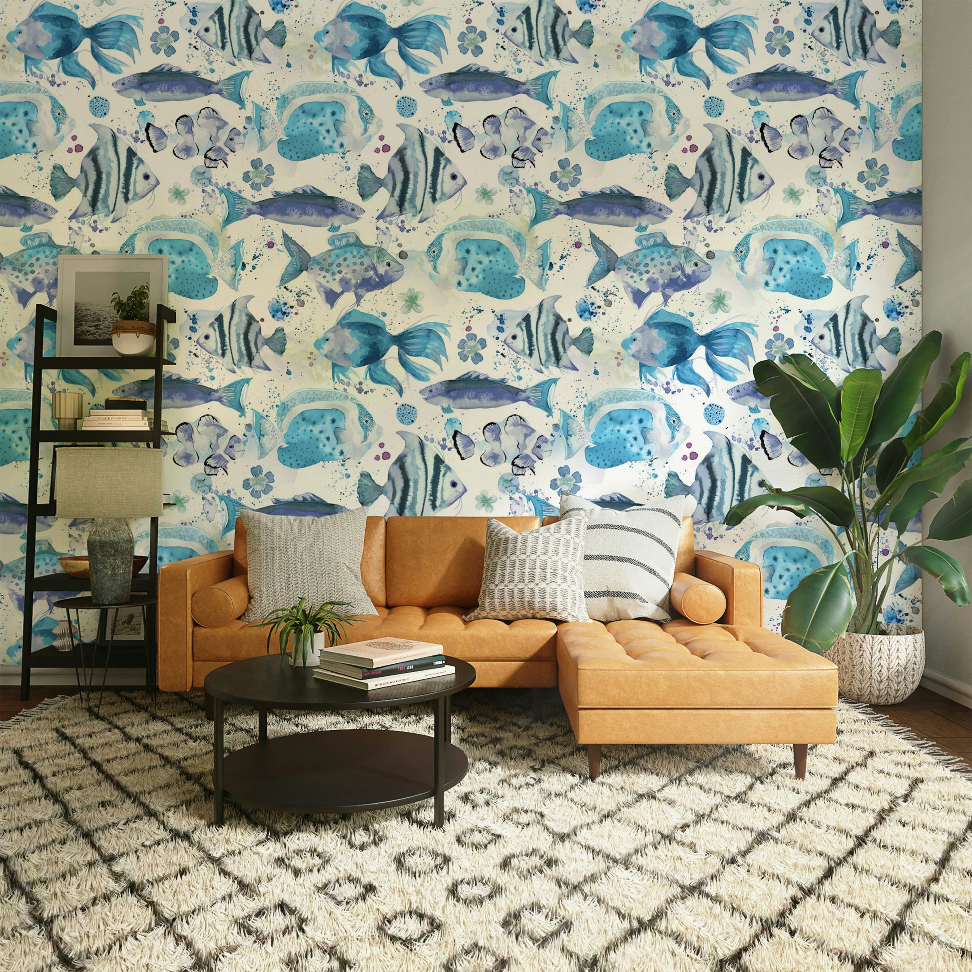 Ocean-themed mural with playful underwater fish and coral.


