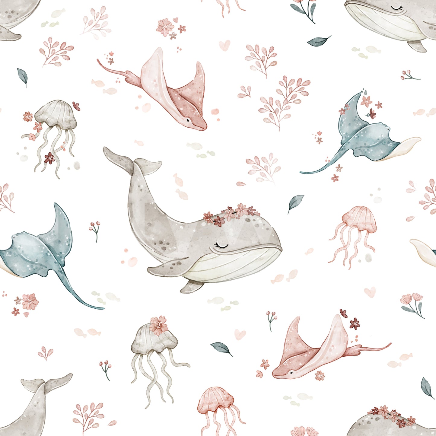 Underwater Floral wallpaper close-up showing watercolor whales, rays and jellyfish with pink flowers on white